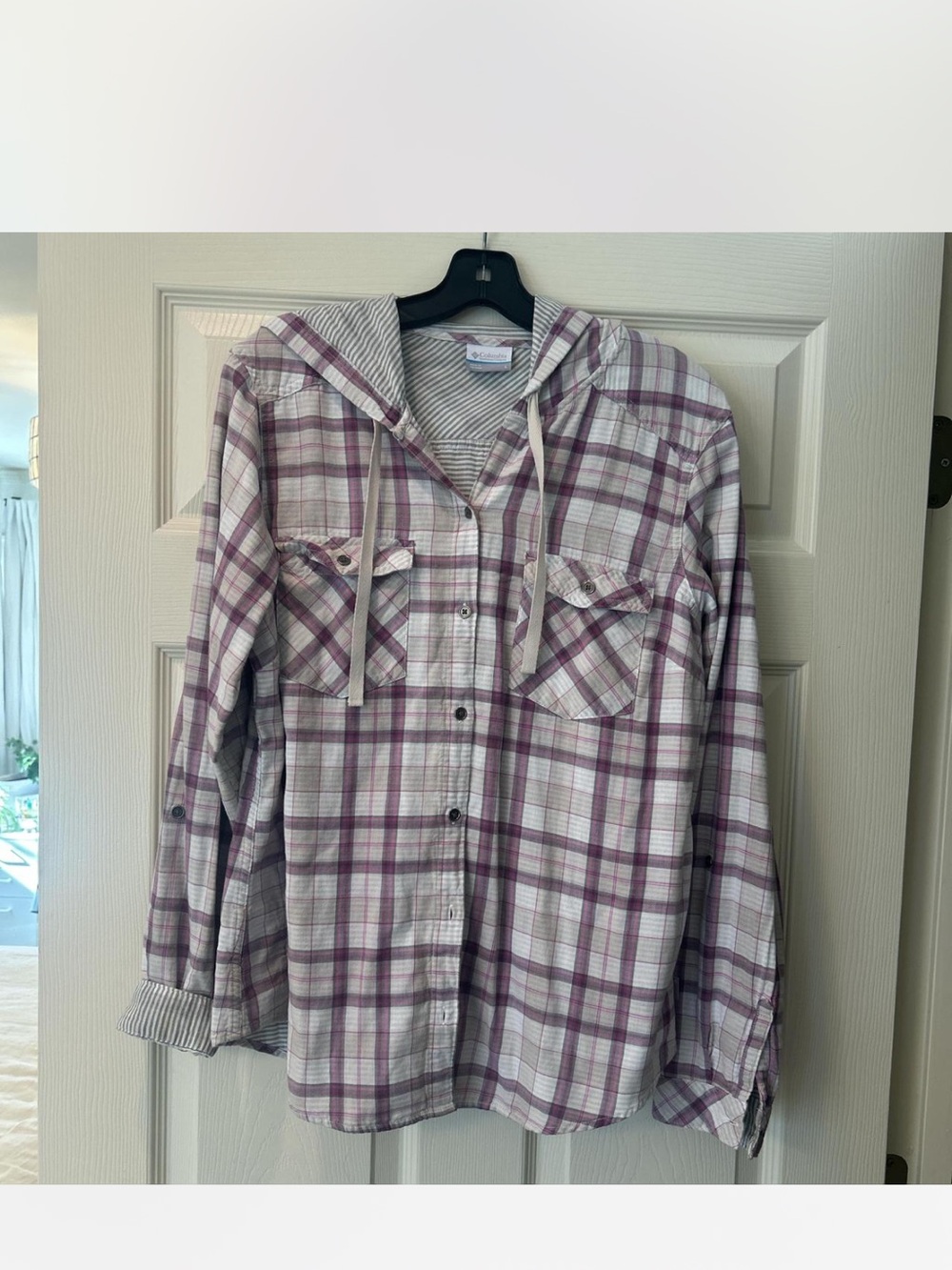Plaid Hooded Button-Up Shirt Jacket - Lavender/White